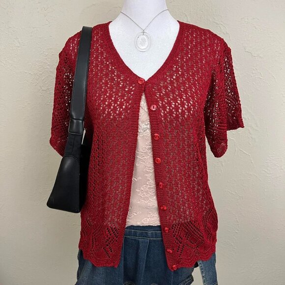 vintage 90s red girly downtown it girl netted short sleeve cardigan - Picture 3 of 8